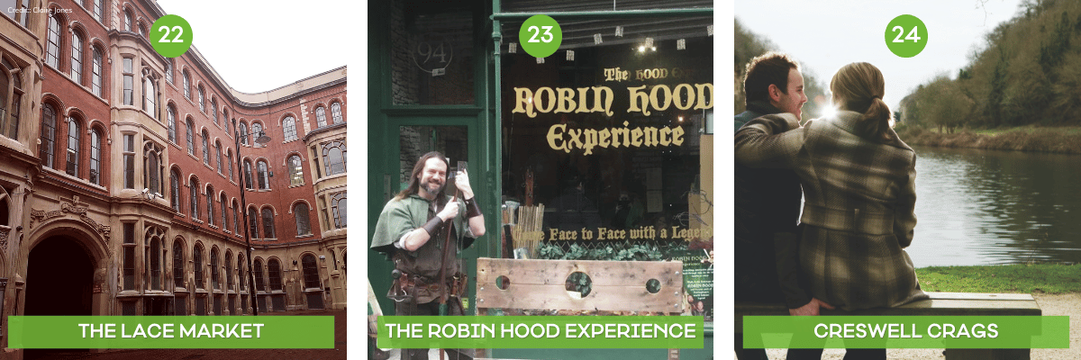 A collage of the best things to do in Nottingham featuring The Lace Market, The Robin Hood Experience and Creswell Crags